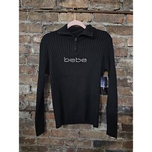 bebe Sweater Womens Large Black Ribbed Knit Half Zip Rhinestone Logo Pullover